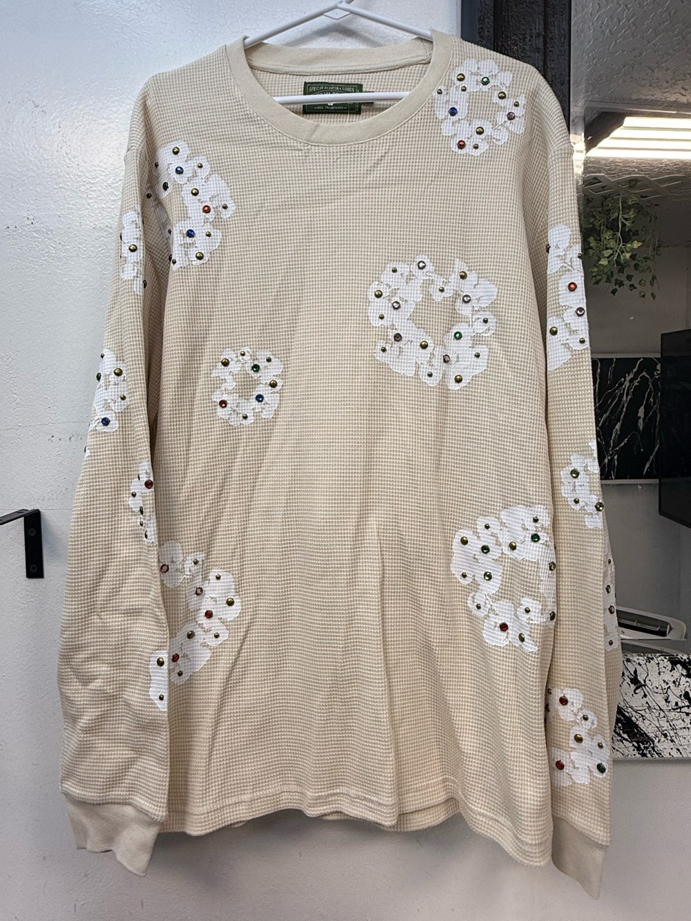 Denim Tears Embellished Cream Waffle-Knit sweatshirt